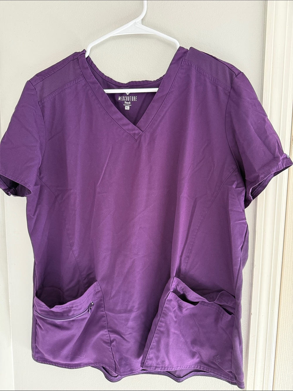 Med Couture Purple V-Neck Scrub Top with Zipper Pocket